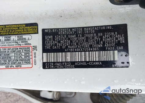 2007 Toyota Camry Le from USA, damaged, VIN 4T1BE46KX7U584965